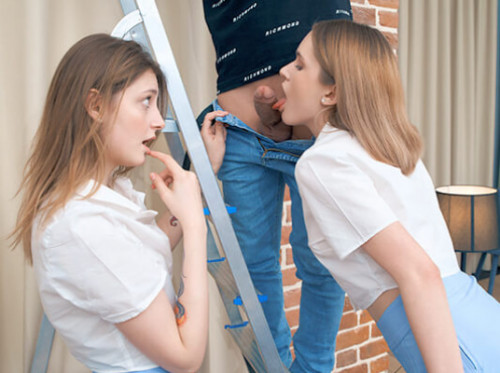Handyman fucks two bisexuals